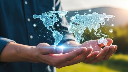 Hands holding glowing holographic world network projection outdoors