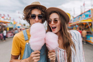 Couple enjoys cotton candy together at amusement park during a fun day