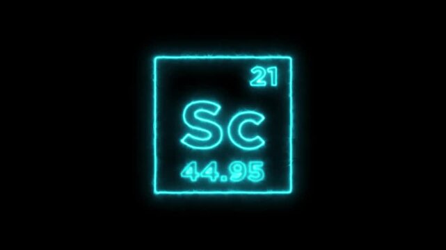 Scandium periodic table element symbol hologram, chemical element Periodic Table, atomic weight element number on black background in 4K