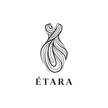 Elegant abstract dress logo design with flowing lines and brand name ETARA.