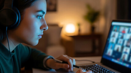 Focused young student with headphones attending virtual class on laptop at night