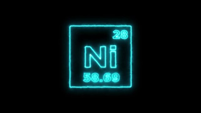 Nickel periodic table element symbol hologram, chemical element Periodic Table, atomic weight element number on black background in 4K