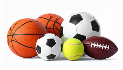 Collection of diverse sports balls, including soccer, basketball, tennis, and football, arranged on a clean white background for athletic and game-related content