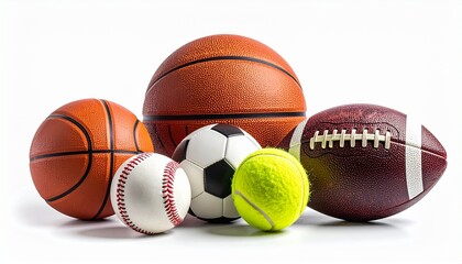 A collection of various sports balls including basketball, soccer, baseball, tennis, and American football, arranged on a clean white background.