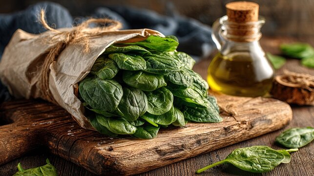 Fresh Organic Spinach Bundle on Rustic Wooden Board Still Life - Powered by Adobe