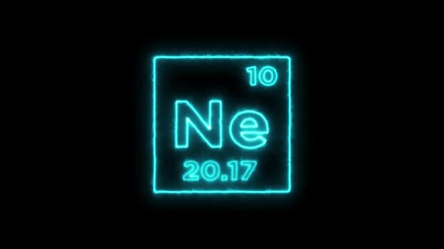Neon periodic table element symbol hologram, chemical element Periodic Table, atomic weight element number on black background in 4K