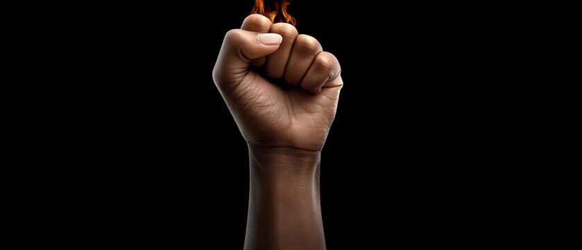 Fist is raised with flames on top in a dark setting showcasing strength and power against a black background