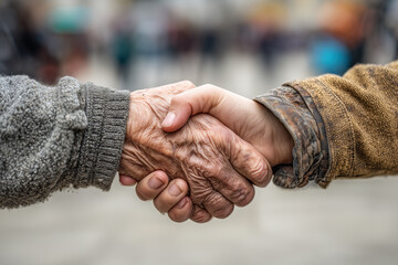Different generations shake hands in an outdoor setting showing respect and connection between people