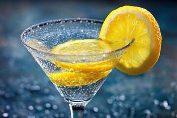 Close-up of a martini with lemon twist and water droplets on a glass, served in a bar environment during evening hours