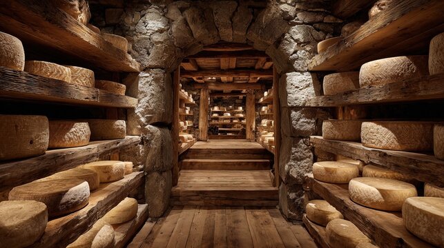 Rustic Interior of Cheese Wheel Storage Room with Stone Archway