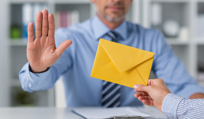 Businessman in a blue shirt and tie rejecting a letter during a meeting in an office environment in the afternoon