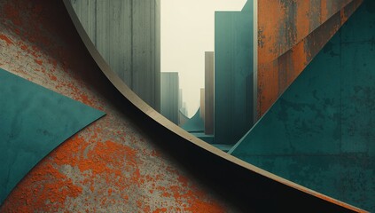 Abstract geometric architecture with rust and teal concrete, creating a brutalist maze.