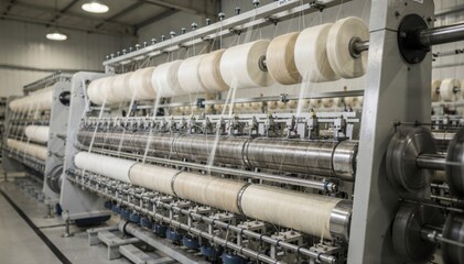 Medium view of hosiery yarn being spun on a compact spinning system highlighting the smooth operation of ring frames and enhanced yarn strength through compacting technology.