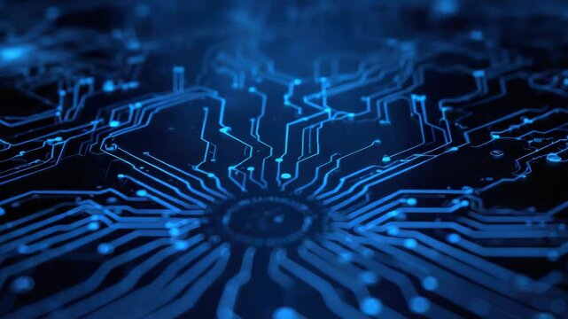 Glowing blue circuit board microchip closeup with radial traces and futuristic motherboard PCB