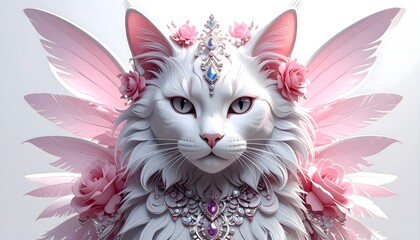 Stunning fantasy feline dressed in pink feathers and delicate flowers high resolution photo