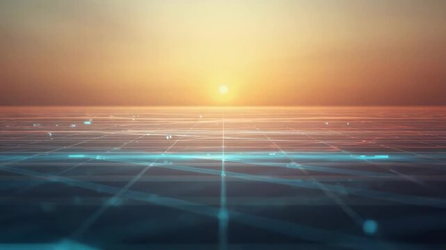 Sunset horizon digital network glowing sunrise over futuristic grid landscape calm glowing lines
