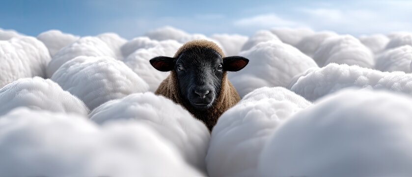 Black sheep standing among a flock of white sheep in a field during daylight, highlighting the theme of individuality and uniqueness in nature