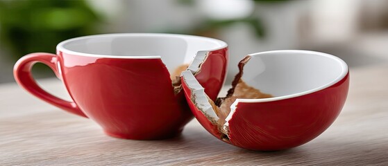 Red ceramic coffee cup broken into two pieces on wooden table showing loss of control in business or vacation plans