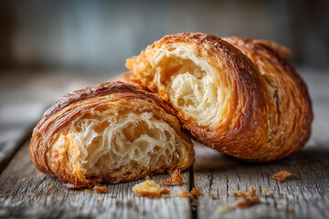 Freshly baked cinnamon croissant torn open on a wooden table with crispy layers
