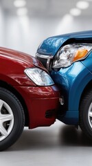 Front view of a red car and a blue car in a collision against a white background captured in a well-lit setting during daylight hours
