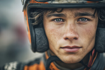Close-up portrait of a young Formula driver with focus on eyes and racing gear