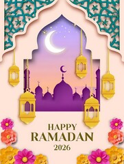 Fototapeta premium Elegant paper cut Ramadan illustration with crescent moon, golden lanterns, and mosque silhouette at twilight, celebrating Islamic faith, peace, and festive Ramadan Kareem 2026 celebration.