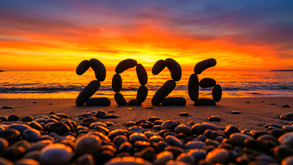 The year 2026 is creatively represented by stacked stones on a serene beach at sunset, creating a sense of celebration and new beginnings in a calm and peaceful atmosphere.
