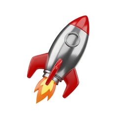 Silver and red rocket ship blasting off into space with flames