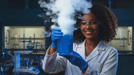 laboratory assistant holds flask with new substance and starts reaction with release of smoke, experiments in university laboratory with new elements, concept of scientific development - Powered by Adobe