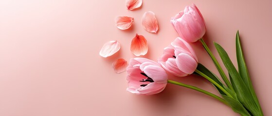 Pink tulips with petals on peach background create space for text in flat lay view, high resolution stock photo contest winner