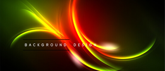 Vibrant abstract lines create dynamic background. Colors blend, forming flowing shapes, text present. Modern design element.