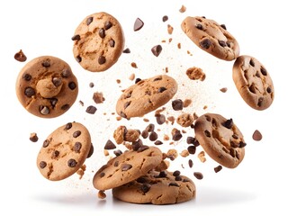 chocolate chip cookies falling isolated on white background