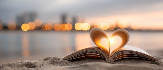 Open book rests on the beach at sunset, pages form a heart shape, sunlight reflects on the sand and water creating warm colors