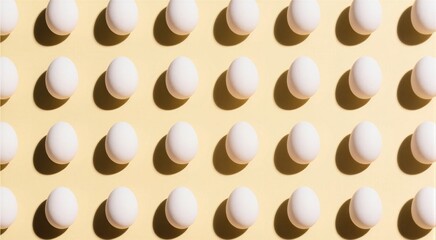 Pattern of fresh white eggs on yellow background