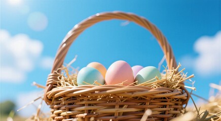 Colorful easter eggs in woven basket on sunny day