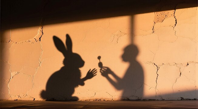 Silhouette of person and rabbit shadow in playful interaction against wall