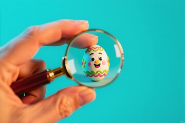 Hand holding magnifying glass over smiling painted easter egg on turquoise background