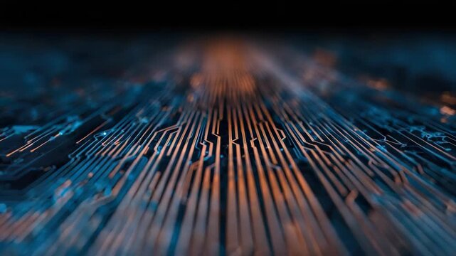 Circuit board copper trace closeup glowing electronic pathway futuristic motherboard microchip lines