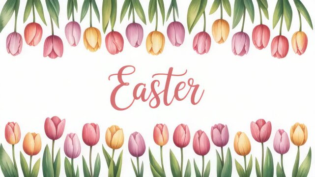 Easter tulip border with pastel pink yellow purple flowers and leaves creating cheerful spring