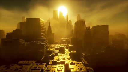 Futuristic cityscape at sunset animation, with towering skyscrapers and a hazy atmosphere
