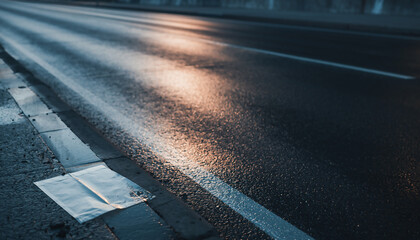 雨上がりの濡れた路面と夕暮れの街