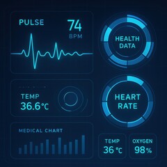 Futuristic medical interface with glowing health charts, pulse rate and oxygen level. HUD digital healthcare display on blue background.