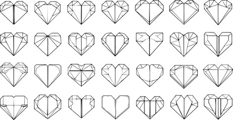 Abstract Geometric Hearts Vector Line Art Set for Love  Romance Designs. Black and White Outline Origami Style Polygon Heart Collection.
