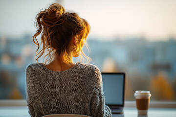 Person works on laptop in cozy home office setting with view of city at sunset