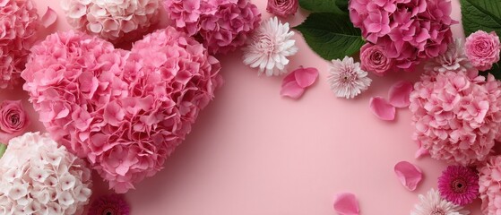 Colorful pink heart-shaped frame made of spring flowers on a soft background with space for designs for events or celebrations