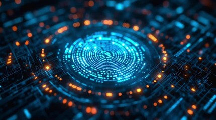 Futuristic digital fingerprint scanning technology analyzing biometric data with glowing blue and orange circuit board patterns and abstract glowing lights with cybersecurity, 4K Video - Powered by Adobe
