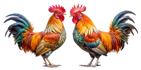 Two colorful roosters standing facing each other on white background isolated on a transparent background