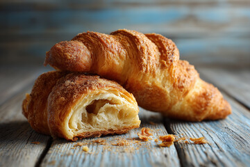 Freshly baked cinnamon croissant torn open on wooden table showing flaky layers and warm filling