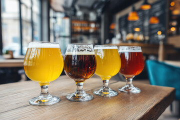 Craft beer tasting flight displayed on table with different glass styles at a local brewery in the afternoon