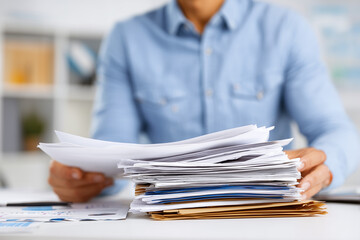Business worker preparing reports at desk with documents and papers on table in office setting during daytime